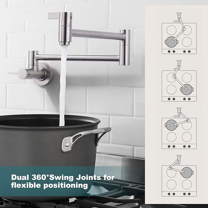 Pot Filler Faucet Brushed Nickel, ARCORA Modern Pot Filler Wall Mount 2 Handle with Double Joint Swing Arms Brass Stove Faucet