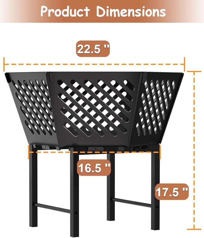 22.5 Inch Portable Hexagon Fire Pit with Travel Bag — Heightened Smokeless Design Outdoor Wood Burning Fire Pit for Camping, Backyard, Patio, Bonfire, Picnic and BBQ, Diagonal Hollow Style