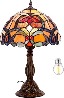 WERFACTORY Tiffany Table Lamp Orange Stained Glass Flower Liaison Style Reading Desk Bedside Light 12X12X18 Inches Decor Bedroom Living Room Home Office S617 Series
