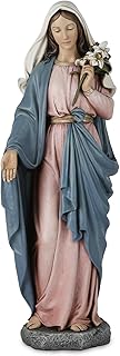 Grace4Joy Blessed Mother Statue - 14 Inch Saint Mary Holding Lilies Figure Elegant Home Decor, Hand Painted Madonna Virgin Mary Statue Renaissance Collection