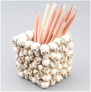 Mikayoo Skull Pen Holder - Makeup Brush Holder & Office Desk Storage Box - Green Plant Flower Pot - Halloween Skull (White)