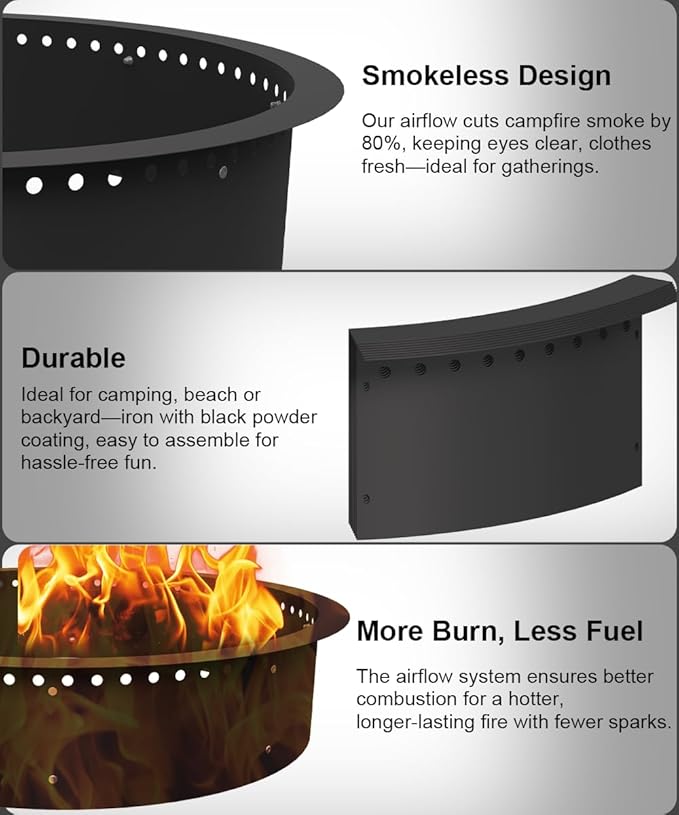 39 Inch Smokeless Fire Pit Ring Insert Outdoor, Heavy Duty Metal Steel DIY Firepit Rim Liner Round Campfire Rings for Outside Wood Burning Above or In-Ground, Black