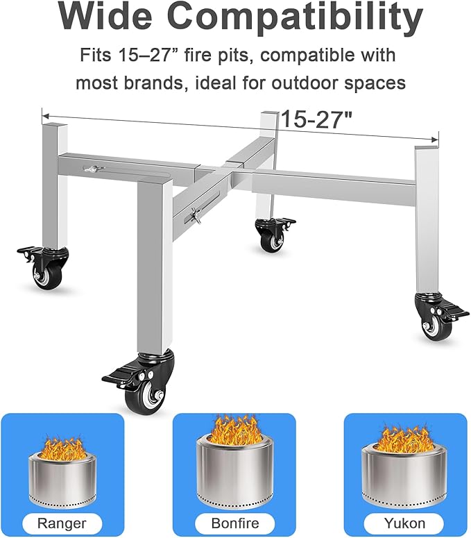 15-27 Inch Adjustable Fire Pit Stand, Premium Stainless Steel Rolling Base with Locking Wheels, Universal for Solo Stove, Heavy-Duty Rust-Proof for Outdoor Patio Camping