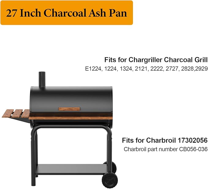 Aluminum Steel 27 Inch Ash Pan Replacement Parts for Chargriller Charcoal 1224, 1324, 2121, 2222, 2727, 2828, 2929,BBQ Accessories Ash Tray with 2PCS Fire Grate Hanger for Charbroil 17302056 Grill