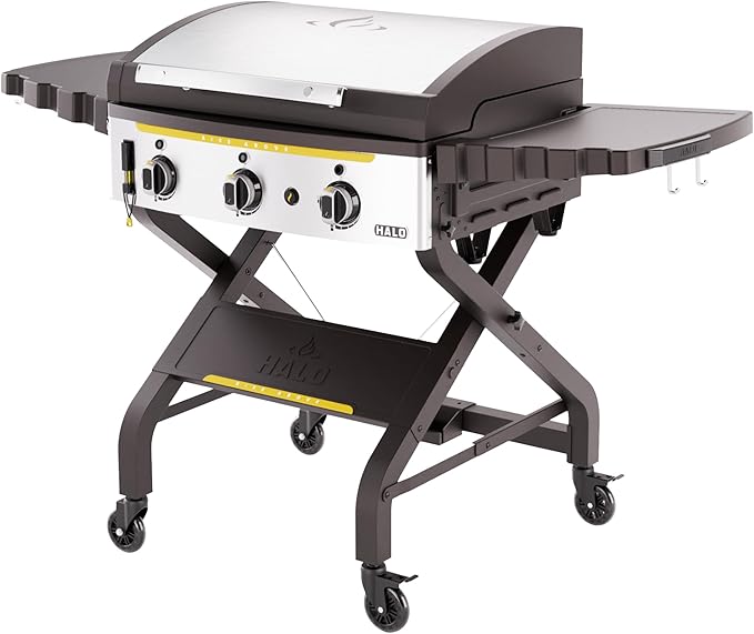 HALO Elite3B Outdoor Griddle | 3 Burner, 6 Cooking Zones | Large Surface with Warming Rack | 564 sq. in. (28.19″ x 20″) Wind-Proof Cooking Surface | Propane and Natural Gas Grill | HZ-1002-XNA