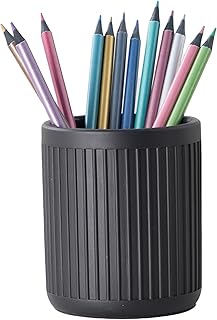 Aotea Crafts - Concrete Modern Industrial Pen Holder for Desk - Aesthetic Minimalist Charcoal Black Pencil Holder for Desk- Handcrafted Cement Fluted Pen Cup Organizer - Sealed & Durable