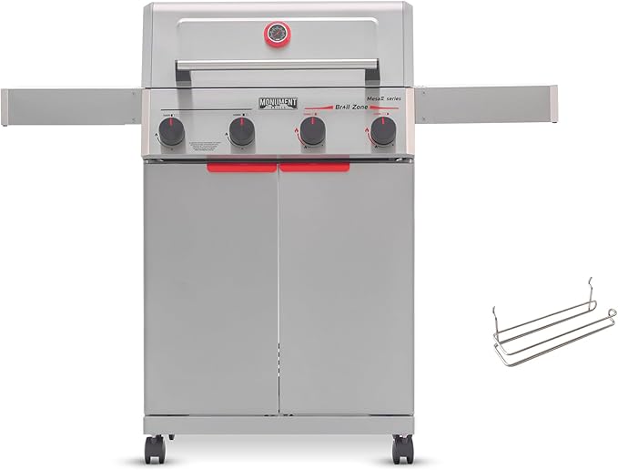 Monument Grills 4 Burner Stainless Steel Propane Gas Grill M2, 500°F in 5 Mins, 525 sq.in, 37,000 BTU, with Broil Zone, Foldable Side Shelves, Knob Controls, Built in Thermometer, with Paper Rack