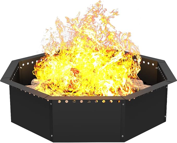 Mocomax Smokeless Fire Pit Ring 40-Inch Outer 36-Inch Inner Diameter, Large Solid Steel Firepit Liner for Outside Wood Burning, DIY Campfire Ring Above or In-Ground for Outdoor, Octagonal