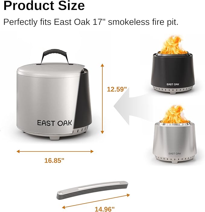 EAST OAK 17'' Fire Pit Cover for Outdoor Smokeless Firepit, 500D Heavy Duty Fabric, Waterproof, Dustproof, and All-Weather Resistant, Light Gray, 16.85"Dia X 12.59"H