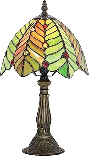 Small Tiffany Lamp Mini Accent Table Lamp Stained Glass Desk Memory Lamp Sympathy 8X14.5 Inch (Brown Green Leaf)