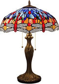 WERFACTORY Tiffany Table Lamp Blue Orange Stained Glass Dragonfly Style Bedside Lamp 16X16X24 Inches Desk Reading Light Metal Base Decor Bedroom Living Room Home Office S688 Series