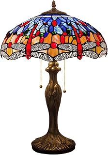 WERFACTORY Tiffany Table Lamp Blue Orange Stained Glass Dragonfly Style Bedside Lamp 16X16X24 Inches Desk Reading Light Metal Base Decor Bedroom Living Room Home Office S688 Series