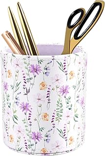 Pen Holder, Makeup Brush Holder Leather Cute Vintage Flowers Pattern Pencil Cup for Girls Kids Women Durable Stand Desk Organizer Storage Gift for Office, Classroom, Home, Cute Flower