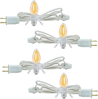 4 Pack Lights Accessory Cord with 4 C7 Led Light Bulb, Clip-in Lamp Cord Replacement, Candelabra-Base E12 Socket White Cord with On/Off Switch Pluggs for Holiday Decorations