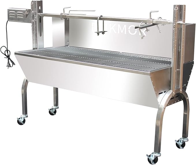 Rotisserie Grill Stainless Steel Charcoal Spit Roaster, 50" Pig Lamb Hooded Roaster Charcoal Spit with 30W Motor & Adjustable Height Lockable Casters for Outdoor Camping Party, Rated 150 LB