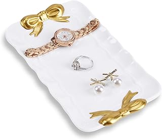 Bow Jewelry Tray Ceramic Trinket Dish for Rings Earrings Necklaces Bracelet Watch Keys, Ring Dish Plate Key Bowl Room Decor Aesthetic Vanity Perfume Tray, Gifts for Women, 6.69"
