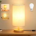 Desk Lamp LED Bulb Included, Small Bedside Table Lamp Plug-in - Classic Wood Base with Flaxen Fabric Shade, Lamps for Night Stands, Simple Nightstand Light for Bedroom, Office, Desk