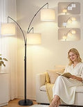 OUTON Arc Led Floor Lamp, Modern Black 3 Light Tall Floor Lamp for Bedroom, 2400lm Mid Century Adjustable Standing Corner Lamps for Living Room Office, 3 LED Bulbs Included, White Lampshade