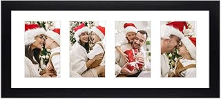 Golden State Art, 8x20 Picture Frame, Black, Collage Frame Display Four 4x6 Photos, Horizontal or Vertical, HD Tempered Glass, Real Wood Molding, Wall Hanging, 1 Pack