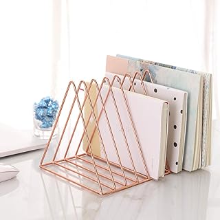 Sooyee 9 Slot Rose Gold Magazine Holder, Desktop File Sorter Organizer Triangle Bookshelf Decor for Home Office, 10.2" L x 7" W x 6.9" H, Iron Wire