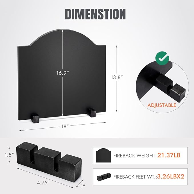 INNO STAGE 18" Fireplace Back Plates - Iron Fireback with Feet, Fireplace Wall Protection, Fireplace Heat Reflect, Black