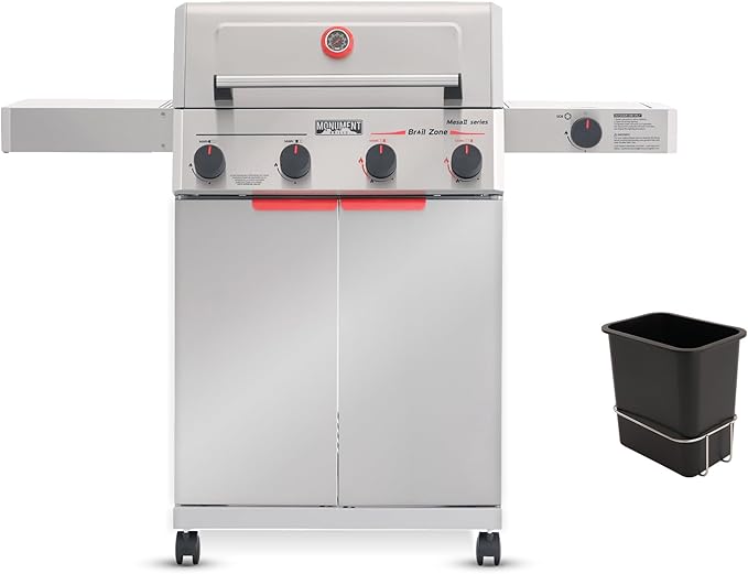 Monument Grills 4+1 Burner Stainless Steel 525 sq.in Propane Gas Grill, 49,000 BTU, Outdoor Mesa 2 Grill with Broil Zone, Side Burner, Foldable Side Shelf, Assembles in 30 Mins, with Trash Can & Rack