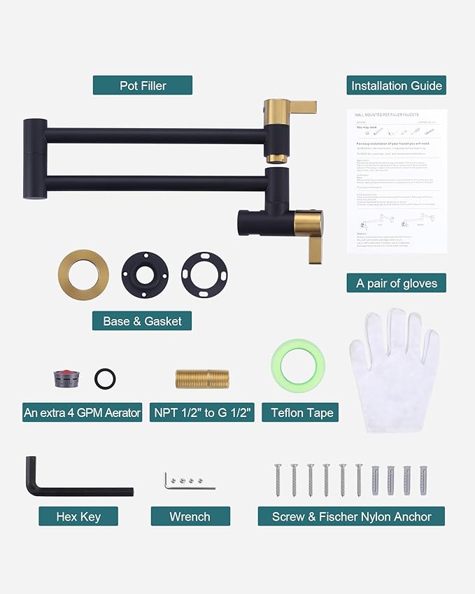 Pot Filler Faucet Black and Gold, ARCORA Modern Pot Filler Wall Mount 2 Handle with Double Joint Swing Arms Brass Stove Faucet