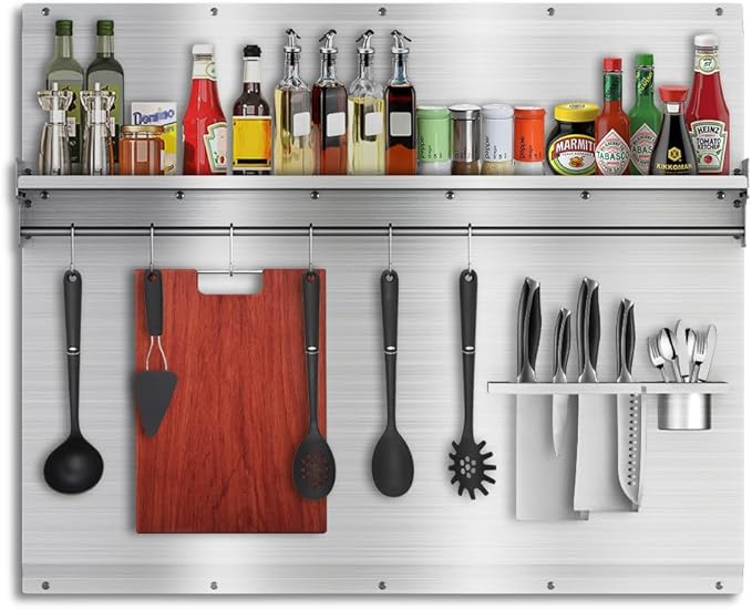 42 x 30 Inch Stainless Steel Backsplash with Shelf & Knife Rack - Stove Backsplash for Oven & Range | Stainless Backsplash with Pre-Drilled Holes - Easy Install