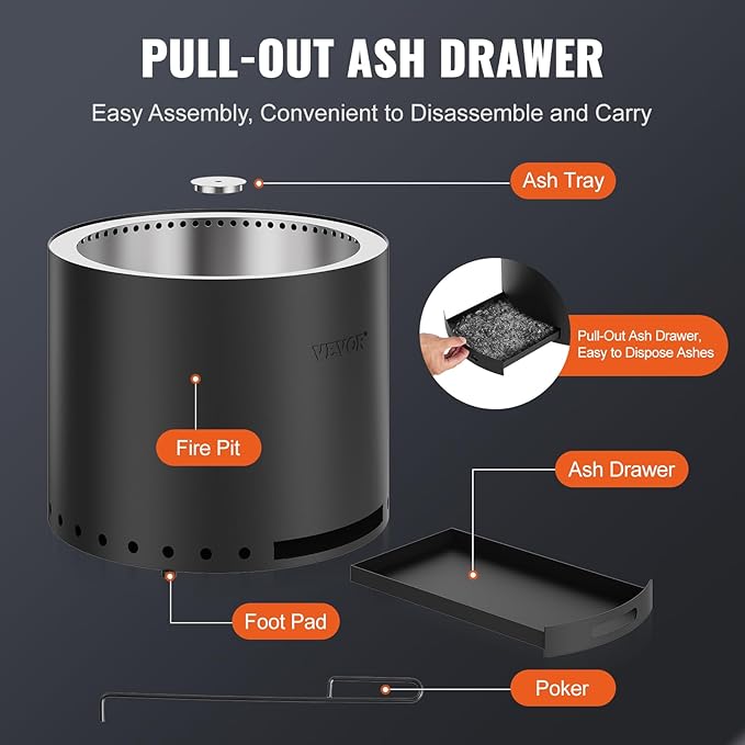 VEVOR Smokeless Fire Pit Stove Bonfire, H: 15.4 in x Dia: 19.3 in,Wood Burning Fireplaces with Removable Ash Pan, SUS430 Stainless Steel Inner Portable Outdoor Firepit, for Outdoor Patio Camping