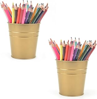 Pen Holder Cup For Desk Pencil Holder Metal Marker Pen Organizer Storage Small Tinplate Flower Pot Succulent Bucket Planters for Office Home - 2 Pack (Gold)