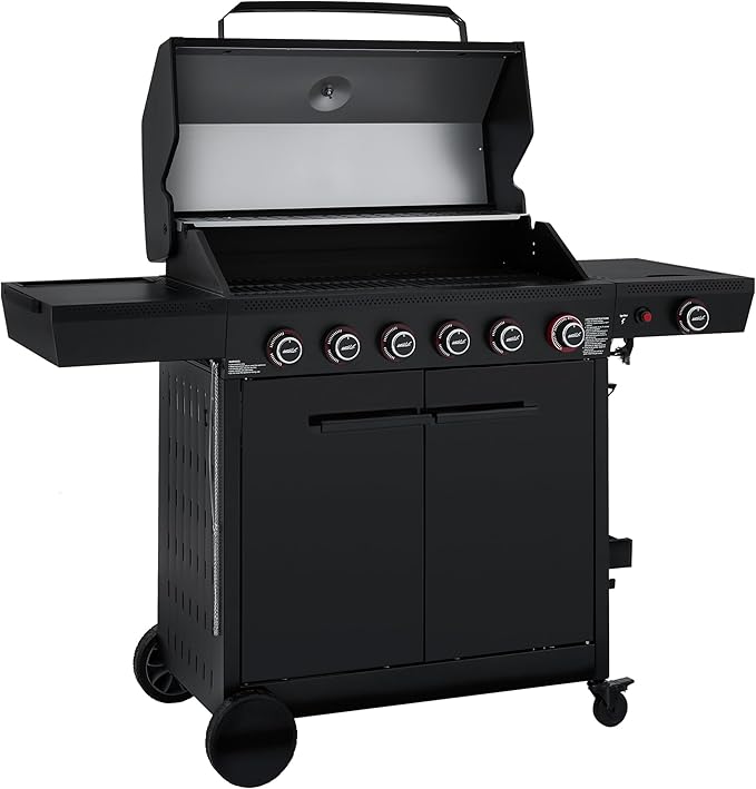 Royal Gourmet GE6001H 6-Burner Gas Grill, 72,000 BTU, 691 Sq. In. Cooking Area, with Sear and Side Burner, Side Shelf with hooks, spice basket, Movable Cabinet Style Grill for Outdoor Grilling, Black