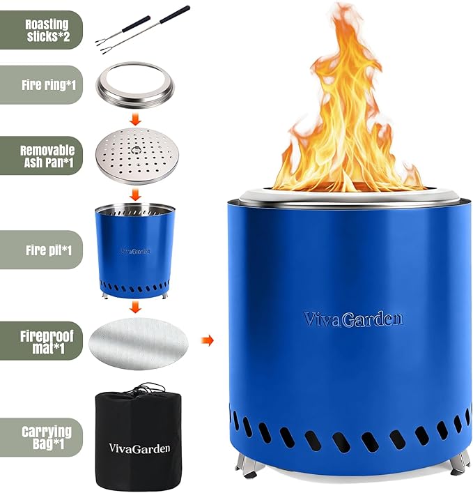 9.5 X 8.6 Inch Tabletop Fire Pit, VivaGarden Portable Firepit, Smokeless Table Top Firepit, Safe Burning Camping Stove, Fueled by Pellets or Wood, Forks, Mat & Travel Bag Included, Blue
