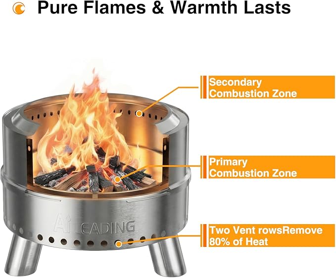 20 Inch Smokeless Fire Pit with Removable Ash Pan, Fire Pits for Outside Wood Burning, Portable Bonfire Outdoor Firepit, Bag & Poker Included, Stainless Steel (Silvery- with Legs-Fire Pit)