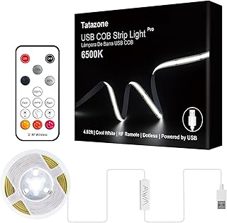 Tatazone 5V USB COB Led Strip Light with RF Remote, 4.92ft 6500K CRI93+ USB Powered COB Led Light Strip, Dimmable Indoor COB Led Light for Cabinet, TV, Camping, Monitor, Showcase, Motorhome