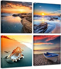 Pyradecor Sunset Sea Beach Modern Seascape Pictures Paintings on Canvas Wall Art 4 Panels Stretched Canvas Prints Artwork for Living Room Bedroom Home Office Decorations