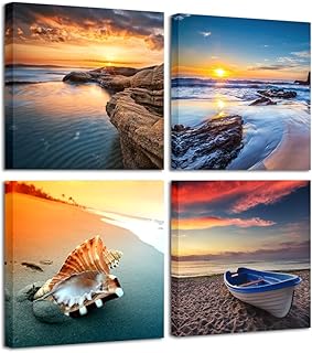 Pyradecor Sunset Sea Beach Modern Seascape Pictures Paintings on Canvas Wall Art 4 Panels Stretched Canvas Prints Artwork for Living Room Bedroom Home Office Decorations