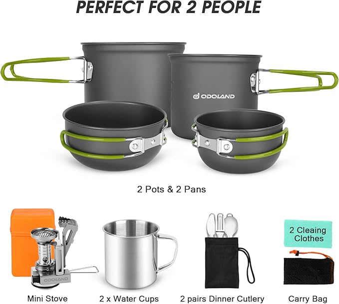 Odoland 16pcs Camping Cookware Mess Kit, Lightweight Pot Pan Mini Stove with 2 Cups, Fork Spoon Kits for Backpacking, Outdoor Camping Hiking and Picnic