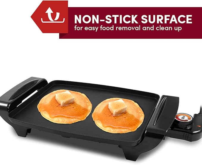 Elite Gourmet EGR2722A Electric 10.5" x 8.5" Griddle, Cool-touch Handles Non-Stick Surface, Removable/Adjustable Thermostat, Skid Free-Rubber Feet, Black