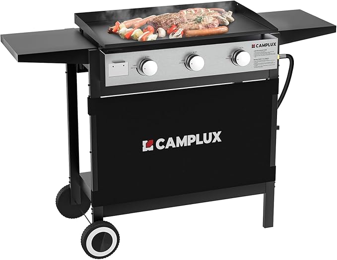 CAMPLUX Propane Griddle Flat Top, 3-Burner Gas Griddle with 3mm Thick Non-Deformable Plate & Ceramic Non-Stick Coating, 33,000 BTU Outdoor Cooking Station with Wheels and Side Shelves for Camping