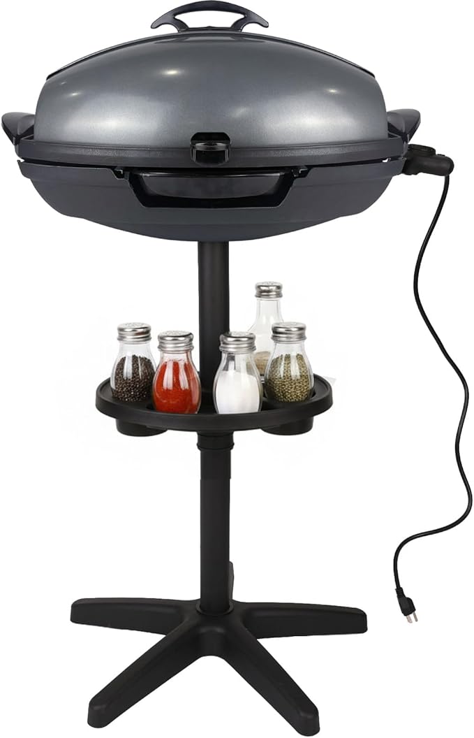 Portable Electric Grill with Removable Stand, 1500W Indoor & Outdoor BBQ, Non-Stick Baking Pan & Intelligent Temperature Control for Backyard, Balcony, Camping and Party, Gray