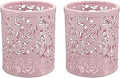 2 Pack Hollow Rose Flower Pattern Metal Pen Pencil Pot Cup Holder Desk Container Organizer,2 Pieces,Pink
