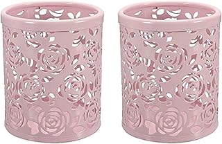 2 Pack Hollow Rose Flower Pattern Metal Pen Pencil Pot Cup Holder Desk Container Organizer,2 Pieces,Pink