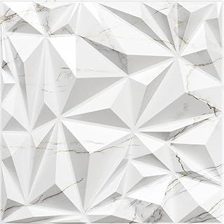 STICKGOO Diamond 3D Wall Panels for Interior Wall Decor, White Marble Mixed Gold Thread 3D Wall Panels, Accent PVC Wall Panels for Living Room, Lobby, Bedroom, Pack of 12 Tiles