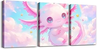 Feelyou Kids Cute Axolotl Picture Wall Decor Galaxy Cloud Wall Painting Posters and Prints Boys Girls Cartoon Animal Canvas Wall Art for Living Room Bedroom Rainbow Bathroom Wall Art 12"x16"x 3Pcs