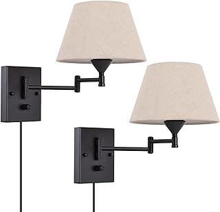 Pauwer Plug in Wall Sconce Set of 2 Swing Arm Wall Lamp with Plug in Cord and Fabric Shade Wall Light Fixtures for Hallway Bedroom Living Room (Beige Shade)