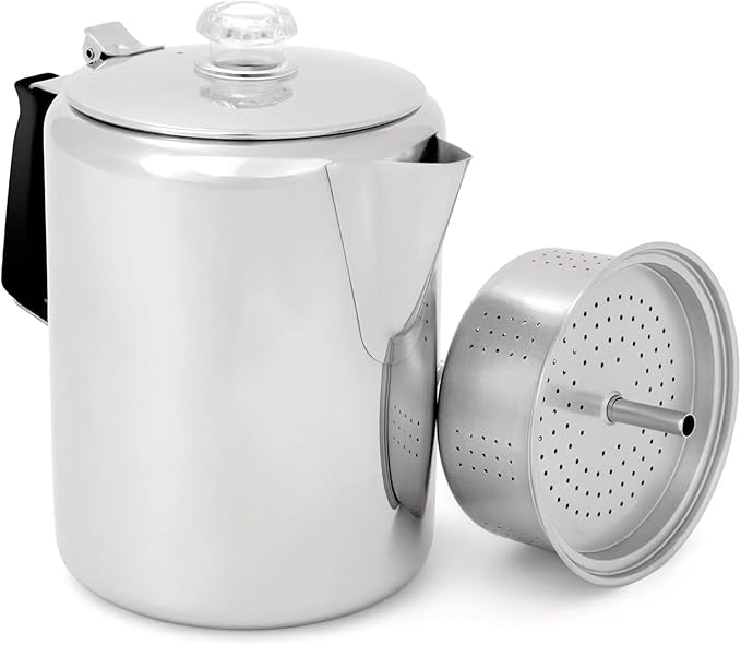 GSI Outdoors Percolator Coffee Pot I Glacier Stainless Steel with Silicone Handle for Camping, Backpacking, Travel, RV & Hunting - Stove Safe