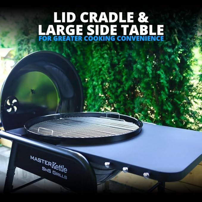 SnS Grills 22-Inch Charcoal Grill and Smoker — MasterKettle with Patented Slow ‘N Sear Deluxe Insert, 304 Stainless EasySpin Grate, Integrated Side Table, 10-Year Warranty.