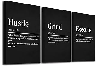 EPHANY Hustle Grind Execute - Wall Hanging Decor, Framed Canvas Office Art, Set of 3 Inspirational Prints