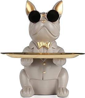 Modern Decor Resin Gray Bulldog Tray Statue Tray Storage Key Holder Candy Jewelry Earrings Tray Suitable for Home Decor Modern Art Dining Table Decor Office Small Object Tray (Gray)