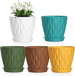 Meowell 4 inch Small Plastic Nursery Pots, Seedling Pots, 5 Set Water Ripples Plant Pots for Indoor Plants, Flower Pots with Drainage Holes and Saucers, Seed Starter Pots for Succulent, Colorful